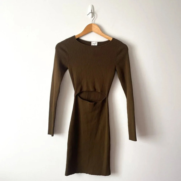 Aritzia Wilfred Free Cut-Out Ribbed Knit Longsleeve Mini Dress Brown Size Small - Picture 2 of 6